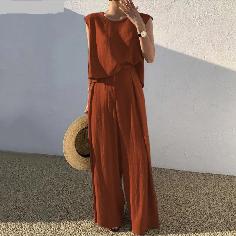 Women's Suits Summer Sleeveless O-Neck Tank Tops Wide Leg Pants Two Piece Sets Female Fashion Casual Solid Loose Suits for women