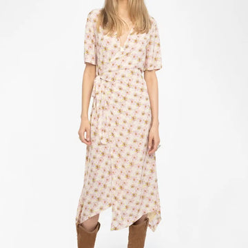 Pink Yellow Short Sleeve Dress Female Floral V-Neck Jupe Lady Summer Thin Long Robes Zadig Women Dresses Wing Embroidery Jupes