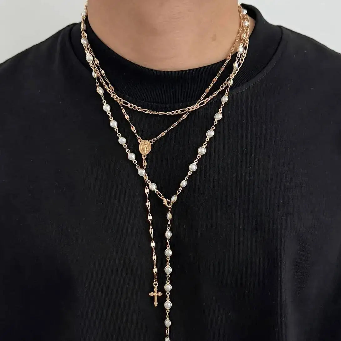 Salircon 3Pcs/Set Boho Jesus Cross Pendant Necklace Women Trendy Exquisite Imitation Pearl Beaded Chain Y2K Charm Jewelry Gift