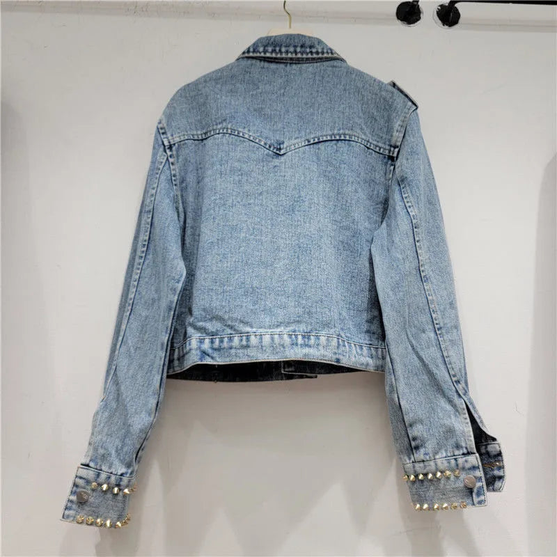 Spring Autumn New Women Denim Coat Fashion Crystal Decoration Lapel Rivet Short Bomber Jacket Female Loose Jeans Tops Tide T1028