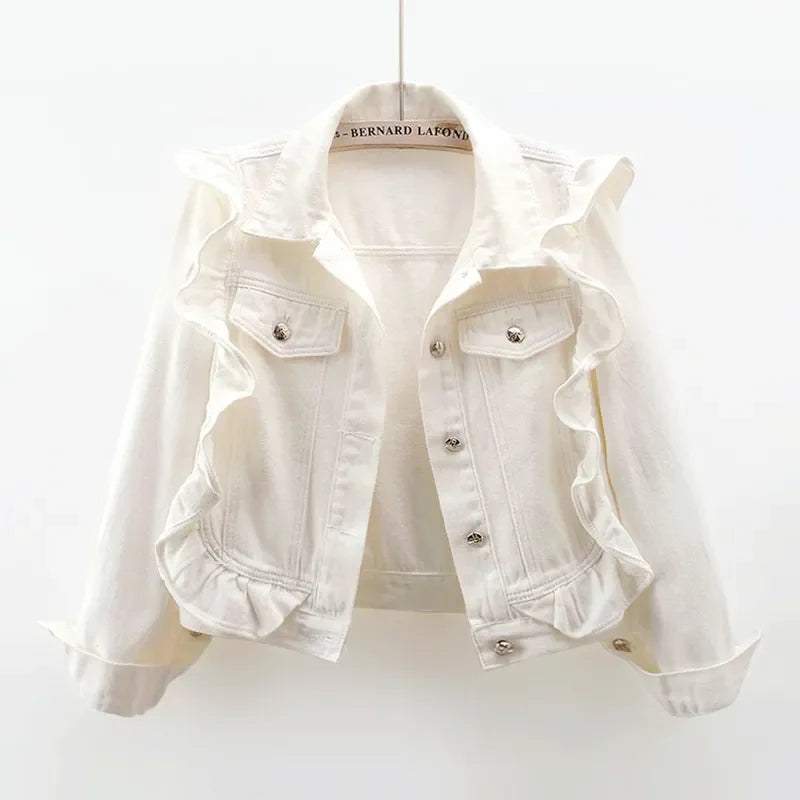 Fashion Ruffles Long Sleeve Denim Jacket Women Autumn New Korean Casual Cowboy Outerwear Slim Short Jeans Coat Female Tide T1079