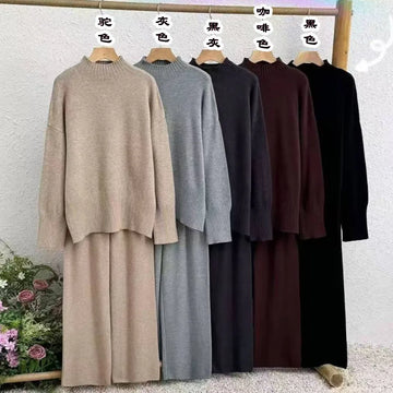 Women Two Pieces Knitted Pant Sets Solid Matching Set Half High Collar Pullover Full Length Wide Leg Pants 2025 Autumn Winter