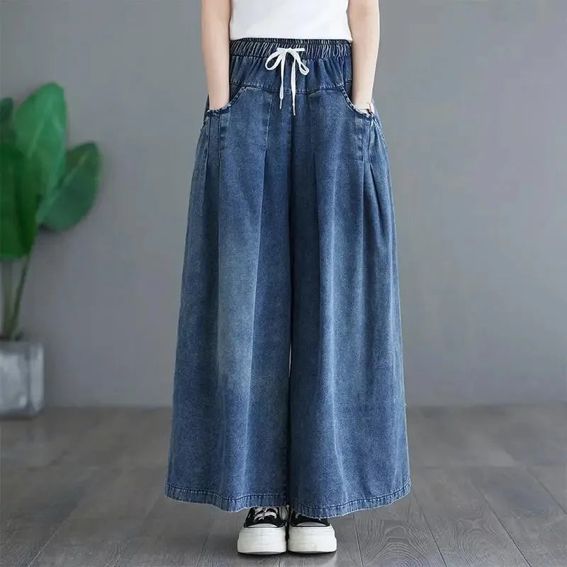 Spring Summer New Vintage Denim Wide Leg Pants Women Loose Pleated Jeans Fashion Elastic High Waist Trousers Ladies Pants T1302