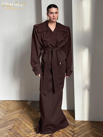 Clacive Fashion Loose Khaki 2 Piece Set Women 2025 Elegant Long Sleeve Shirt With High Waist Maxi Skirt Set Female Clothing