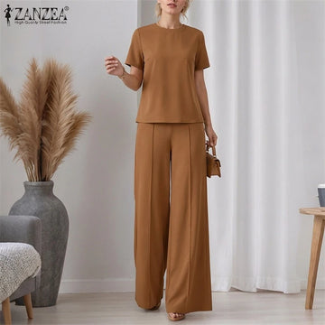 ZANZEA Summer Elegant Short Sleeve Blouse Pant Sets Office Women 2 Pieces Set Wide Leg Trousers Suit Fashion 2PCS Work OL Outfit