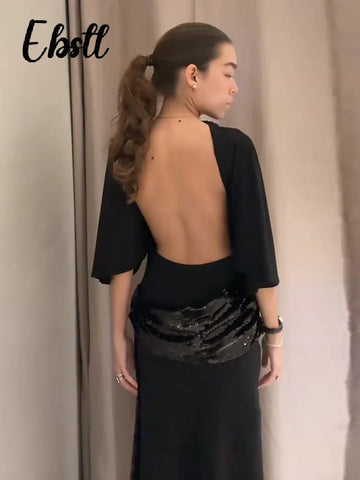 Sexy Sequins Splicing Backless Dresses Women's Elegant Short Sleeve O-neck Ribbons Long Robes 2026 Spring New Ladies Chic Dress