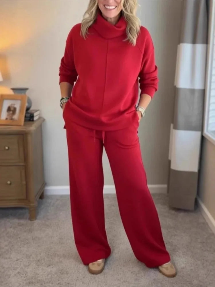 Autumn Winter Commuter Women's Two-piece Fashionable Solid Color Turtleneck Long-sleeved Loose Sweatshirt With Casual Pants Suit