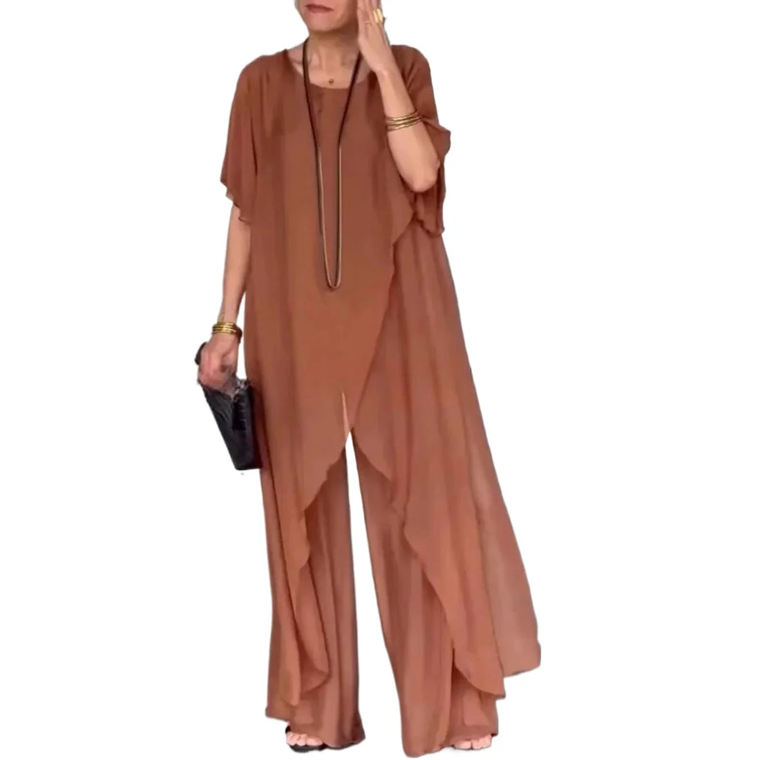 Casual Chiffon Two Piece Set Fashion Loose O-neck Petal Sleeve Irregular Split Extended Pullover High Waist Wide Leg Pants Set