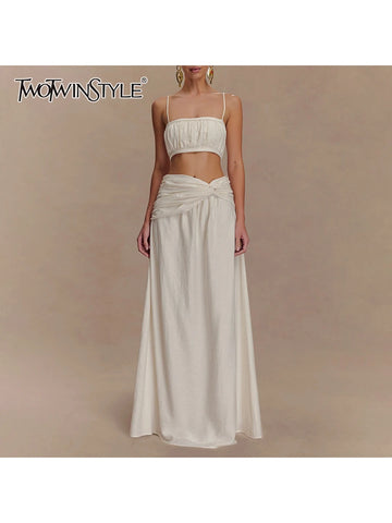 TWOTWINSTYLE Solid Spliced Folds Two Piece Set For Women Square Neck Sleeveless Top High Waist Temperament Skirt Sets Female New