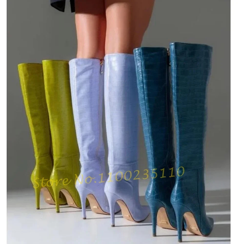 Cow Pattern Pointy Knee High Boots Women Concise Casual Boots Side Zipper Shiny Leather Autumn Fashion Women's Luxury High Boots