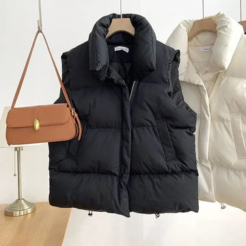 New Winter Cotton Vest Women Warm Coat Turn-down Collar Zipper Sleeveless Jacket Overcoat Loose Drawstring Waistcoat