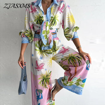 Autumn Fashion Printed Linen Tops & Long Pant Sets Summer Woman Beach Holiday Suit Casual Loose High Waist Wide Leg 2 Piece Sets