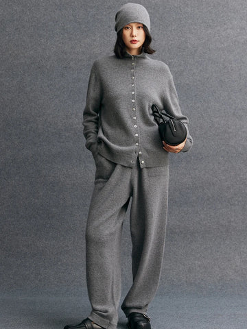 CHICUU Autumn Winter Women 100% Cashmere Knit Suit Cardigan Wide Leg Pencil Pants Casual Loose Cashmere Sweater Trousers Sets