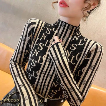 Women Clothing Fashion Striped Letter Knit Pullovers Autumn Winter Elegant All-match Mock Neck Long Sleeve Sweaters Slim Y2K Top
