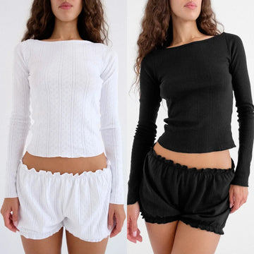Cou Autumn/Winter Base Layer Shirt, Black and White Jacquard Slim-Fit Top, Minimalist Casual Base Layer Shirt, Home Wear Ruffle Shorts, Home and Outdoor Two-Piece Set, Off-Shoulder Slim-Fit Long-Sleeve Top