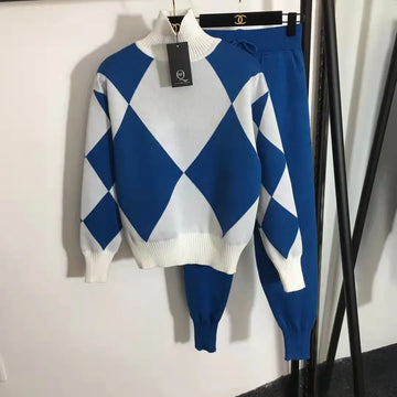 New Two-piece Women's Sweater Sportswear Autumn Winter Splicing Half High neck Pullover top+Knitted Harem pants set Female