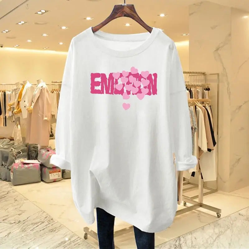 Women's Clothing European Style Pure Cotton Long Sleeve T-shirt Autumn Loose Chic Letter Printing Top Tee Casual O-neck Pullover