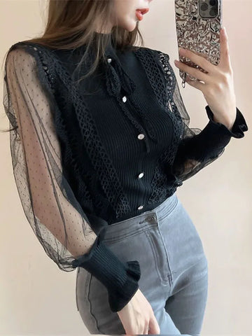 Zoki Fashion Mesh Patchwork Sweaters Women Casual Long Sleeve Slim Sweet Knitted Jumpers Fall Korean Elegant Mock Neck Pullovers