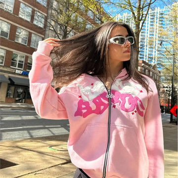 Fashion Pink Zip Up Sweatshirt Women Autumn Winter Jacket Clothes Hoodies Daily Pockets Long Sleeve Print Versatile Lady Hoodies