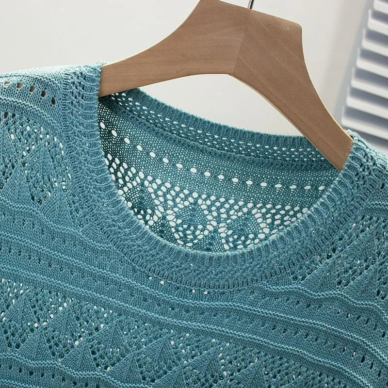 2025 Spring and Autumn New Loose Hollow Round Neck Sweater Women's Thin Knitted Long-Sleeved Top