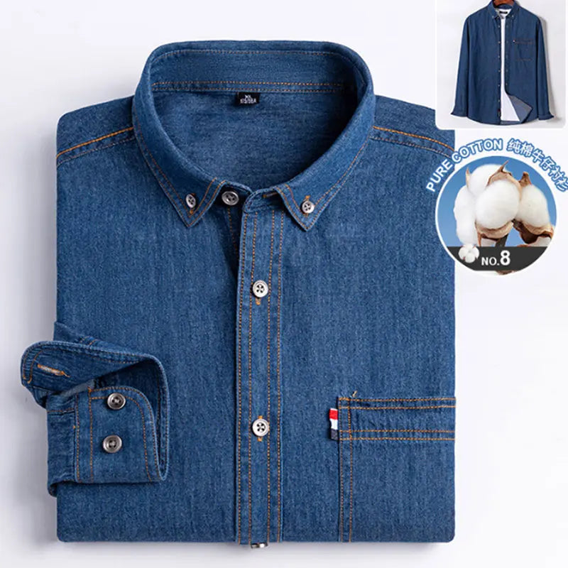 100% cotton denim young and middle-aged men's long-sleeved shirt autumn and winter casual no-iron solid color high quality