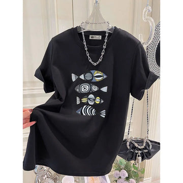 Women Clothing Fashion Cartoon Animal Print T-shirt Summer Casual Loose O-neck Short Sleeve Tees All-match Pure Cotton Basic Top