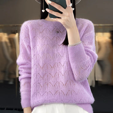 BELIARST Women's Clothing Sweater Spring and Autumn New Knitted Hollow Top 100% Merino Wool O-Neck Pullover Cashmere Sweater