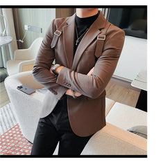 2024 Autumn Winter New Strap Decoration Suit Jacket for Men Fashion Slim Casual Business Blazers Groom Wedding Social Tailcoat