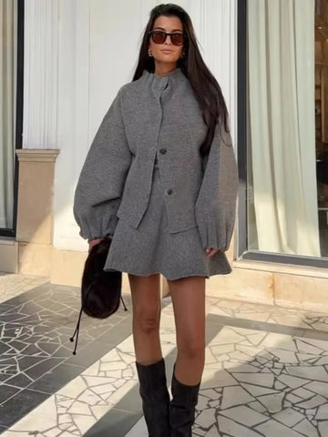 Ladies Elegant Knit Gray Dress Suits Fashion Button Loose Cardigans+Ruffles Mini Skirts Sets 2025 Winter Women 2 Piece Sets