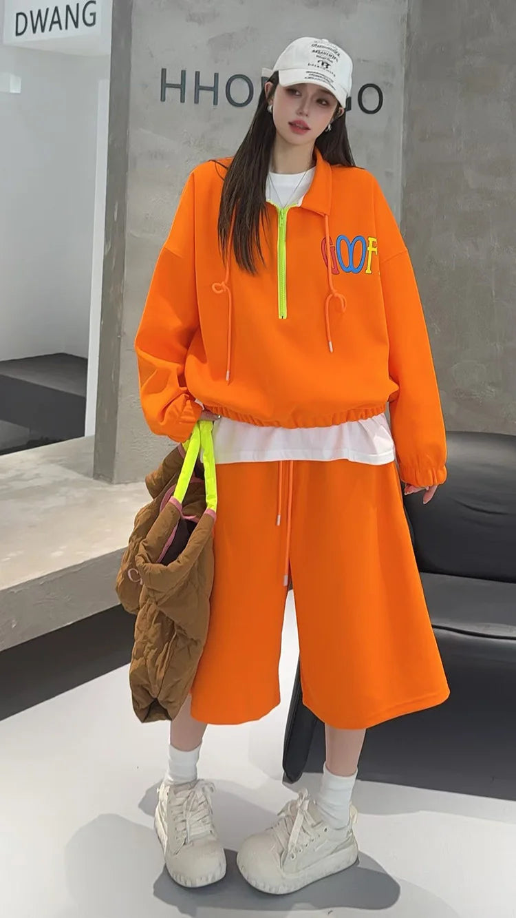 2026 Spring Japanese Korean Fashion Oversized Capri Pant Sets 2 Pieces Woman Casual Zipper Pullover Sweatshirts Matching Sets