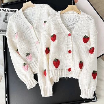 Sweet Strawberry Long Sleeve Loose Cardigans Women Spring Autumn 2026 V Neck Single Breasted Preppy Style Sweater Knitted Tops