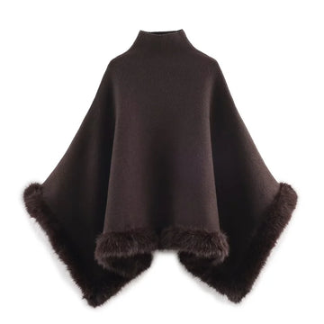Women's Top 2025 Winter New Style Dark Brown Long Faux Fur Trim Knitted Pullover Cape Top Trendy and Stylish Elegant Temperament