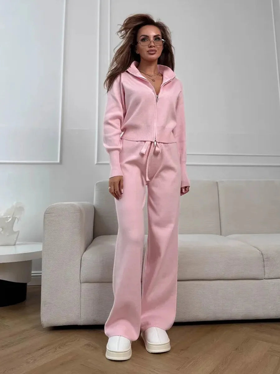 2025 Women's New Knit Zip Up Cardigan Wide Leg Pants Set Soft Fabric Cropped Elastic Waist Autumn Winter Fashion Sweater