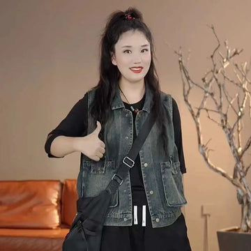 Vintage Denim Vest Women Casual 2025 New Spring And Autumn Fashion Sleeveless Jacket Female Jean Waistcoat Loose Outerwear T1266