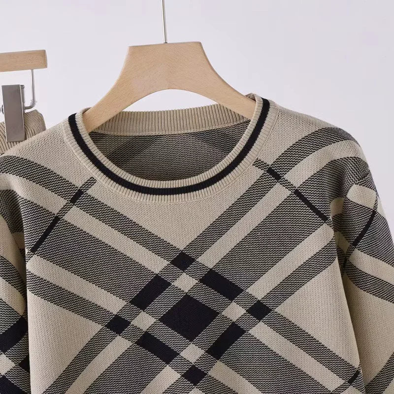 Fall Winter Plaid Design 2 Piece Sets Women O-neck Long Sleeve Sweater Pullover Tops Conjuntos Elastic High Waist Pants Outfit