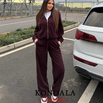 KONDALA Wide Leg Pants 2 Pieces Sets For Women Long Sleeve Hooded Jacket Coat Trousers Women's Suit 2025 Autumn Women Outfits