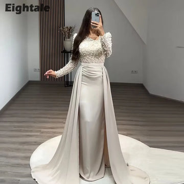 Eightale Arabic Evening Dress Champagne Long Sleeves Customized Stretchy Satin Wedding Party Dress Mermaid Vestido De Noche