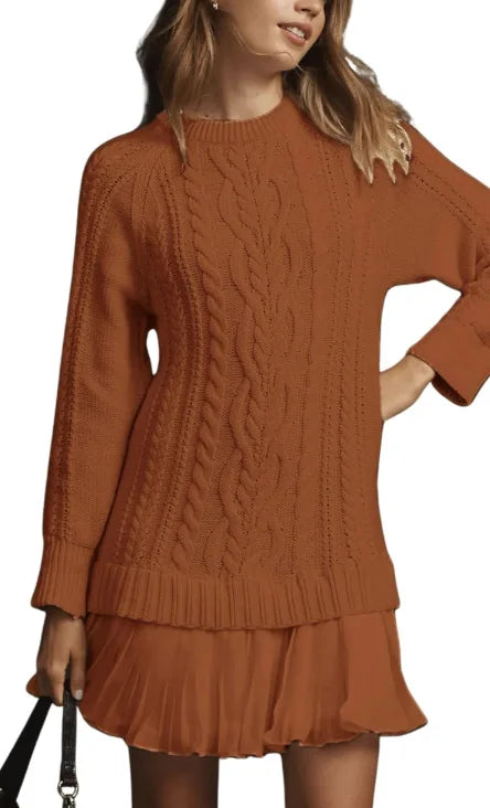 Autumn Casual 2 Piece Set Loose Solid Color O-neck Long Sleeve Knitted Sweater Pleated Skirt Set Elegant Commuter Women Clothing