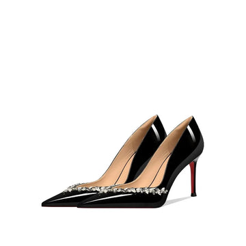 Black high heels for women 2025 new V-neck chain rhinestone fine heel pointed temperament French banquet single shoes