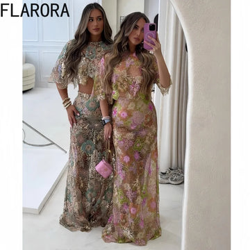 FLARORA Luxury Embroidery Sequin Dress 2 Pcs Sets Woman O Neck Half Sleeve Crop Tops And Floor Skirts Outfits Birthday Partywear