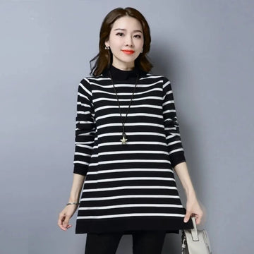 Striped Mock Neck Pullover Sweater For Women Long Length Casual Office Wear A Line Loose Fit Autumn Winter Style