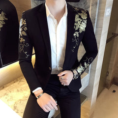 2024 New Luxury Gold Print Blazer Slim Fit Men Blazer Stage Cloth Social Party Wedding Dress Male Black Suit Jacket