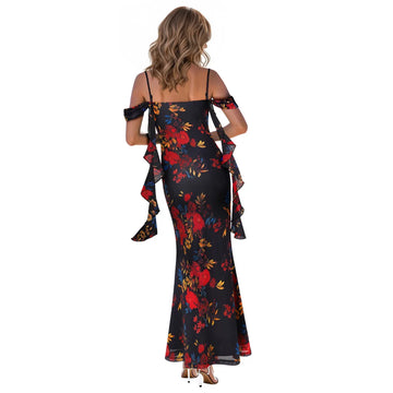 Vfemage Womens Spaghetti Strap Ruffle Ruched Bodycon 2025 Sexy Cold Shoulder Formal Cocktail Evening Party Maxi Long Dress 12257