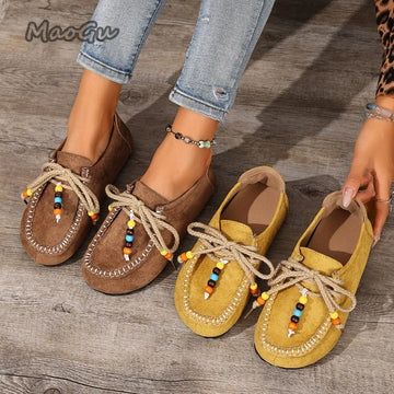 Women's Slip-On Loafers Soft Bottom Suede Leather Ethnic Style Flats Beaded Lace Up Casual Comfortable Footwear Autumn Shoes