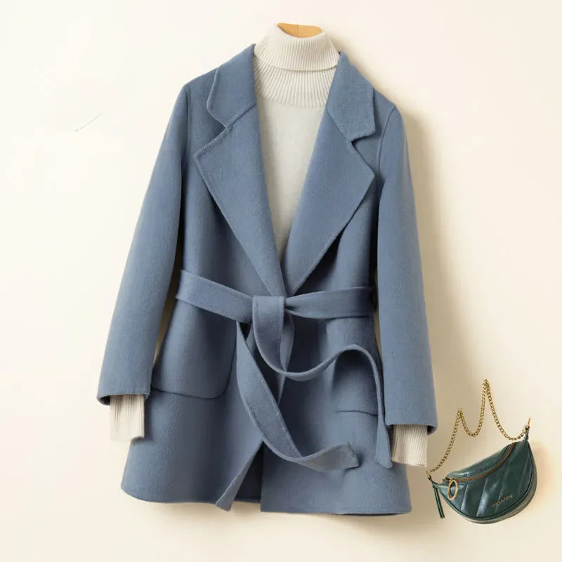 Autumn Winter New Double Cashmere Wool Jacket Women Fashion Pocket Long Sleeves 100% Woolen Coat Female Loose Outerwear T1495