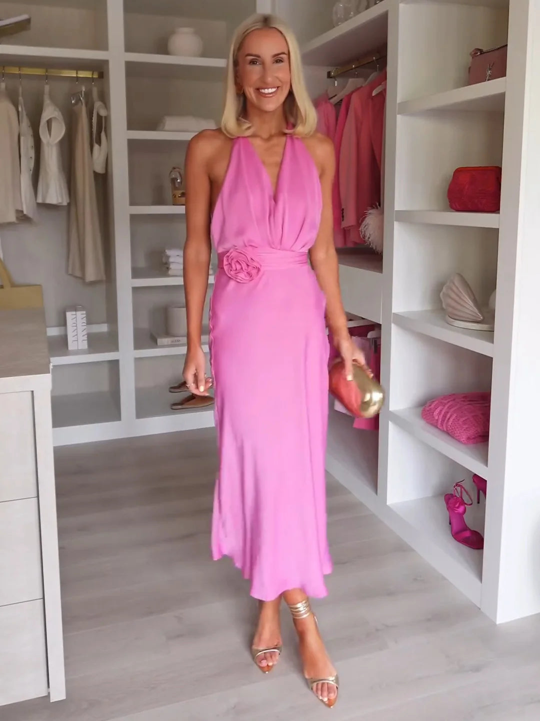 Summer Women Halter Satin Midi Dresses With Raised Flower Multiway Belt Deep V Neck Sexy Open Back Wedding Guest Party Dresses