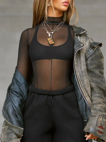 2025 Fall New Fashion Women's Tops T-Shirt Sheer Mesh Long-Sleeve Slim-Fit Half-High Neck Top Y2k Woman Clothing