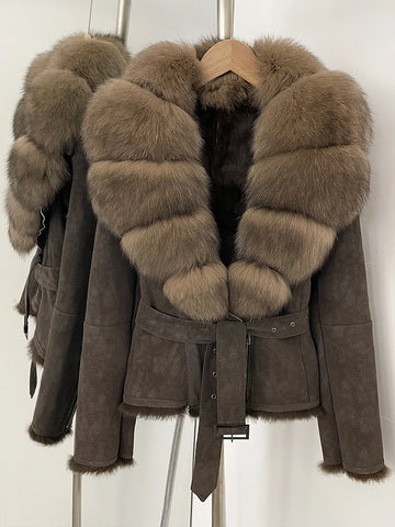 OFTBUY New Autumn Winter Real Fox Fur Collar Clothes Female Belt Suede Jacket Women Thick Warm Natural Rabbit Fur Lining Coat