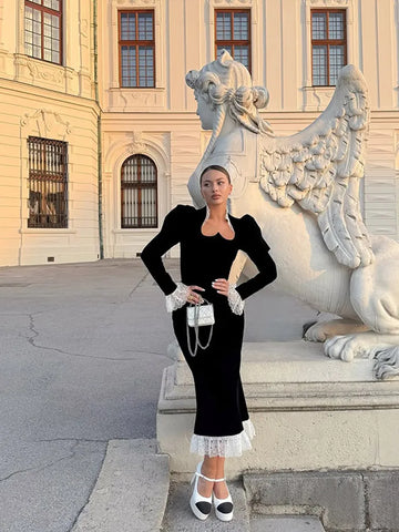 Full Sleeve Lace Patchwork Velvet Maxi Dress Women Elegant Stand Collar Puffed Slim Long  Sexy Gowns Lady Evening Dinner Dresses