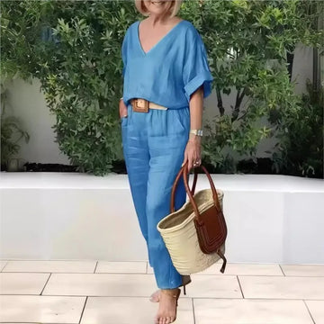 Women's Fashion Cotton And Linen Summer Sunflower Color V-neck Short Sleeved Loose Top Casual High Waisted Pocket 2-piece Set